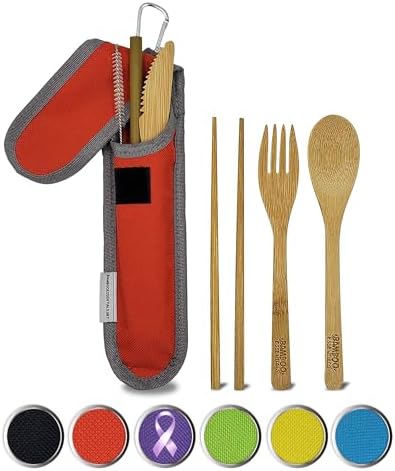 Travel Utensils with Case Set Fork, Knife, Spoon, Chopsticks, Straw, Straw-cleaning brush, Travel Pouch and Carabiner, Excellent For Everyday Use! ((1Set) Sunset Red) by Bamboo+Essentials%C2%AE