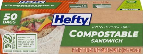 Hefty Compostable Sandwich Bags Press-to-Close | Expandable Bottom | Plant-Based Material | BPA Free | 50 Count, Pack of 12 by Hefty