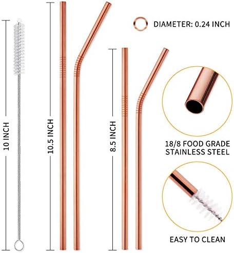 Hiware 12-Pack Rose Gold Metal Straws Reusable with Case - Stainless Steel Drinking Straws for 30oz and 20oz Tumblers Dishwasher Safe, 2 Brushes Included - Image 2