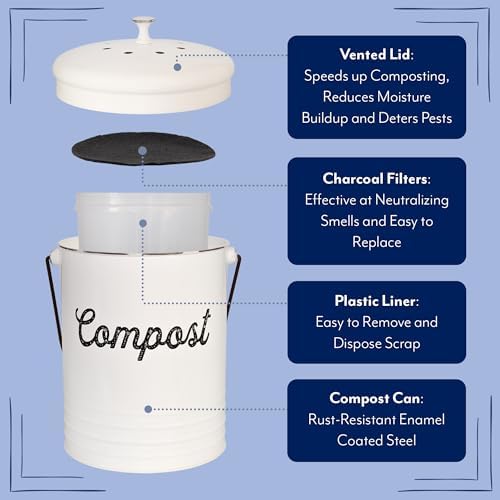 AuldHome Design Kitchen Compost Bin for Countertop | 1.3 Gallon Composting Bucket with Lid | Includes 3 Charcoal Filters | (White Enamel) - Image 3