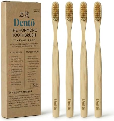 Dento 4-Pack Boar Bristle & Bamboo Toothbrushes, Keratin for Polish by Dento