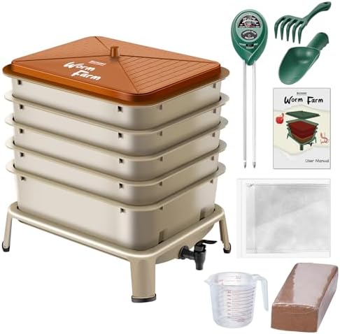 Blütezeit 5-Tray Worm Compost Bin, 53QT Outdoor & Indoor Worm Composter with Worm Farm Starter Kits for Home & Kitchen Recycling Food Waste (Gold) by Bl%C3%BCtezeitGateSystems