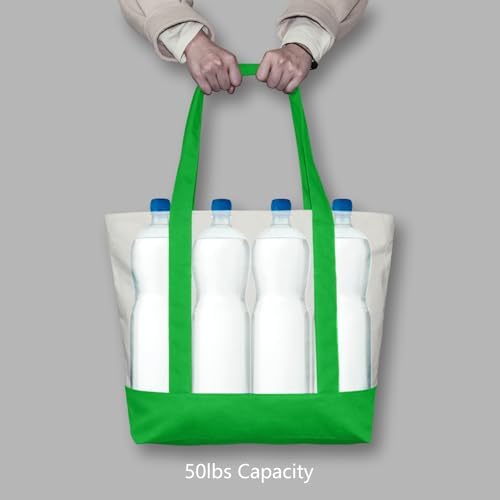 TOPDesign 6-Pack Canvas Tote Bags with an External Pocket, Reusable Grocery Shopping Bags, Top Zipper Closure, Daily Essentials (Lime Green/Natural) - Image 6