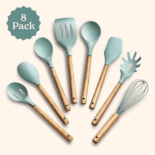 Country Kitchen Non Stick Silicone Utensil Set with Rounded Wood Handles for Cooking and Baking, 8 Piece Set, Mint - Image 2