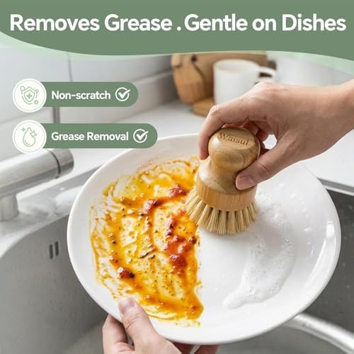 Bamboo Dish Brush Set, 4 Pack, Plastic-Free (2 Medium Sisal, 2 Firm Coconut Coir), Dish Scrubber & Vegetable Brush for Cast Iron, Nonstick - Image 2