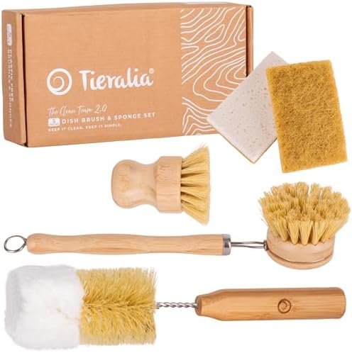Tieralia Bamboo Dish Brush Set 5 Piece – Eco Friendly Kitchen Cleaning Kit with Bottle Brush, Long Dish Brush, Palm Scrubber & 2 Plant-Based Sponges | Plastic-Free Natural Dish Scrubber by Tieralia
