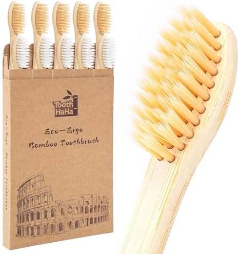 Bamboo Toothbrushes 10 Pack, BPA-Free Soft Bristle Toothbrush, Eco-Friendly, Natural Wooden Toothbrush, Vegan Organic Travel Toothbrush Pack for Adults by ToothHaHa