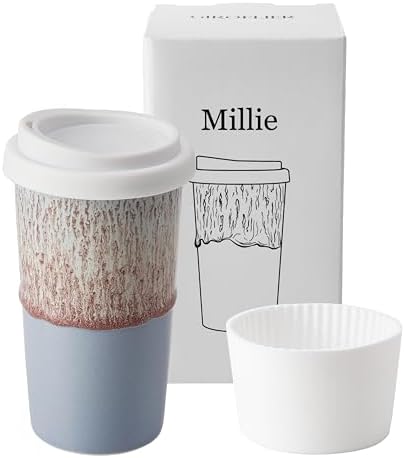 Ceramic Travel Mug with Lid 12 oz Aesthetic Coffee Cup for Women & Men, Modern Minimalist Travel Mug, Microwave & Dishwasher Safe, Fits Car Cup Holder (Whispy Blue) by Giroflier