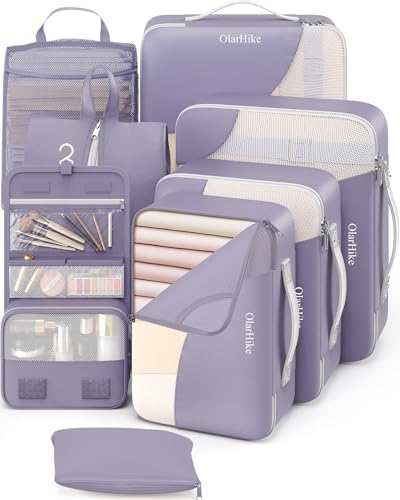 OlarHike Packing Cubes for Travel,Gifts for Women Mom,Anti-Tearing Suitcase Organizer for Luggage with Shoe & Hanging Toiletry Bag,Vacation Essentials & Accessories for Cruise Ship,8 Set,Purple Gray by OlarHike