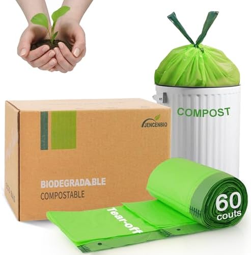 Compost Bags 5 Gallon with Drawstring Tear Off 20 Liter Extra Thick 0.78 Mils Compostable Food Scrap Waste Bags with US BPI ASTM D6400 and Europe OK Compost Home Certified 60 Counts by JENCENBIO