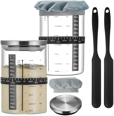 Wissy&Konny Sourdough Starter Jar,2PACK 35OZ Wide Mouth with Ounce Scale line,Date Marked Feeding Band, Thermometer, Sourdough Jar Scraper, Cloth Cover & Stainless Steel Lid Sourdough Starter Kit by ENJOYLIFEENJOYHEALTHY