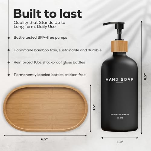 Black Glass Soap and Lotion Dispenser Set with Tray by Brighter Barns - Liquid Hand Soap Dispenser and Pump - Bamboo Bathroom Accessories & Modern Bathroom Decor (Black) - Image 3