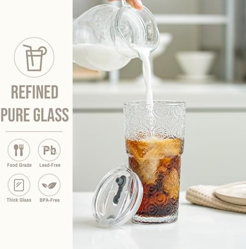 SoulTimes 20oz Begonia Flower Glass Tumbler with Bamboo Lid and Straw–Iced Coffee Glasses Cups for Smoothie, Matcha, Juice, Water etc. Leakproof and Reusable Glassware Drinking for Travel To Go [4Pcs] - Image 3