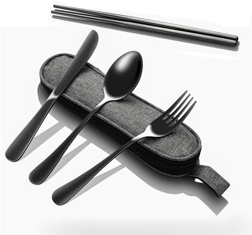 Matte Black 5-Piece Stainless Steel Travel Utensil Set with Waterproof Case, Reusable Portable Flatware Includes Knife, Fork, Spoon, Chopsticks for Camping, Office, Picnic & Daily Use by Unknown