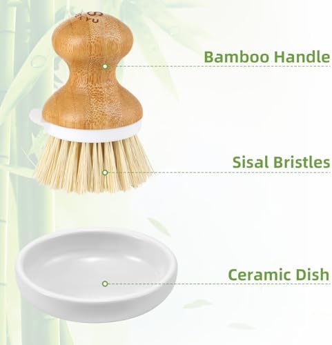 Bamboo Dish Brush,Sisal Brush with Scraper,1Pack with Ceramic Holder - Image 5