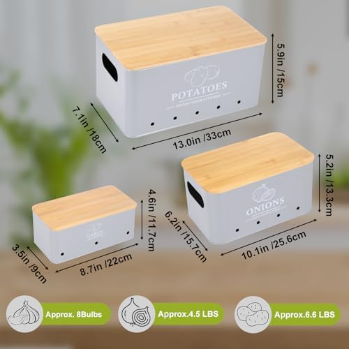 Kitchen Vegetable Storage Set of 3, Metal Onion Garlic Potato Storage Set, Kitchen Canisters Vegetable Keeper Containers with Aerating Holes and Bamboo Lid,Grey - Image 5