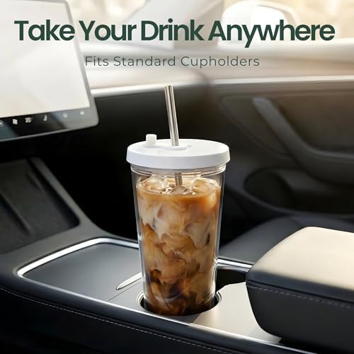 Reusable Iced Coffee Cup with Lid and Straw, 16 oz/Grande, BPA-Free Double-Wall Insulated Plastic Tumbler for Cold Drinks, Includes Clear Plastic Straw, Stainless Steel Straw and Cleaning Brush, White - Image 4