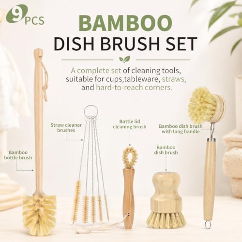 9PCS Bamboo Dish Brush Set with Bottle Brush and Straw Brushes - Image 2