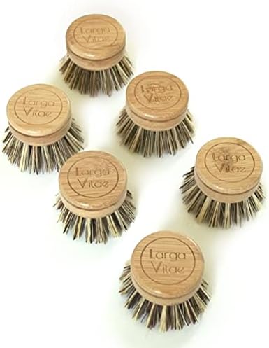 6 pcs Wooden Dish Brush Replacement Heads Made of Renewable Bamboo Wood and Natural Bristle Fiber, Durable, Long Lasting (Palm/Coconut Fiber Bristles) by Larga+Vitae