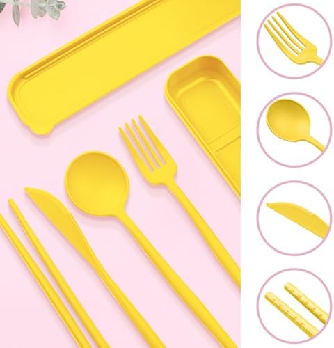 ELANE 4 Sets Reusable Travel Utensils Set with Case,Camping Cutlery Set Reusable Cutlery Set with Case,Utensil Sets for Lunch Picnic Daily Use Outdoor (yellow) - Image 3