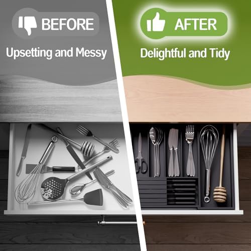 Bamboo Kitchen Silverware Drawer Organizer - Expandable Wood Utensil Holder with Dividers, Luxury Cutlery Storage Tray for Kitchen Utensil and Flatware (5-7 Slots with Removable Knife Block, Black) - Image 3