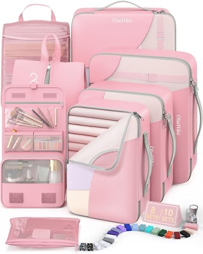 8 Set Packing Cubes for Travel, Gifts for Women Mom,Anti-Tearing Suitcase Organizer for Luggage with Shoe & Hanging Toiletry Bag,OlarHike Vacation Essentials & Accessories for Cruise Ship,Dream Pink by OlarHike