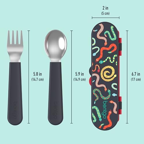 Bentgo Kids Stainless Steel Utensil Set - Reusable Fork, Spoon & Storage Case, PFAS- & BPA-Free, Easy-Grip Handles, Lightweight, Dishwasher Safe, School Lunch, Travel & Outdoors (NEW Sssnakes) - Image 5