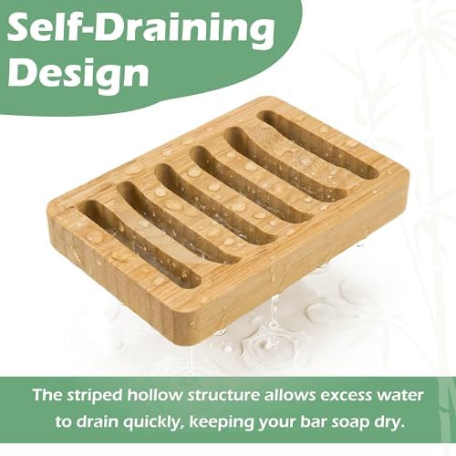 Bamboo Soap Dish, Bar Soap Holder Self Draining Soap Dish Natural Bamboo Soap Holder Waterproof Anti-Slip Wooden Soap Dishes for Bar Soap Saver Tray for Shower Bathroom Kitchen Sink Bathtub - Image 3