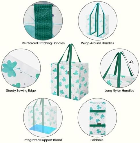 BALEINE 4 PK Grocery Bags Reusable Shopping Bags with Reinforced Bottom, Heavy Duty Foldable Tote Bags (Clover) - Image 3