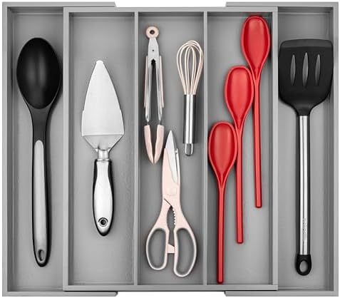Purawood Kitchen Drawer Organizer - Expandable Utensil Drawer Organizer for Kitchen, Cutlery Tray & Silverware Organizer, 3-5 Slots - Bamboo Organizer for Utensils & Flatware (Grey) by PURAWOOD