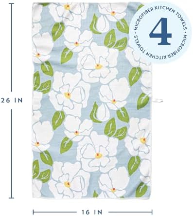 ELYN Microfiber Kitchen Dish Towel Set, Quick-Dry & Absorbent Waffle Weave Cleaning Towels, Set of 4 Kitchen Towels, Paper Towels Alternative (Magnolias & Stripe) - Image 2