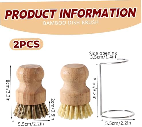 Bamboo Dish Brush, 2Pcs Bamboo Dish Brushes Natural Scrubber with 2 Drainage Racks Wooden Dishwashing Brush for Washing Dishes, Pots, Pans and Sink - Image 5