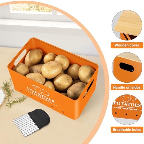 Kitchen Vegetable Storage Set of 3, Metal Onion Garlic Potato Storage Set, Kitchen Canisters Vegetable Keeper Containers with Aerating Holes and Bamboo Lid,Orange - Image 3