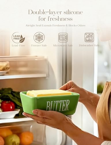 Ceramic Butter Dish with Lid and Knife & Silicone Seal for Countertop Green - Image 3