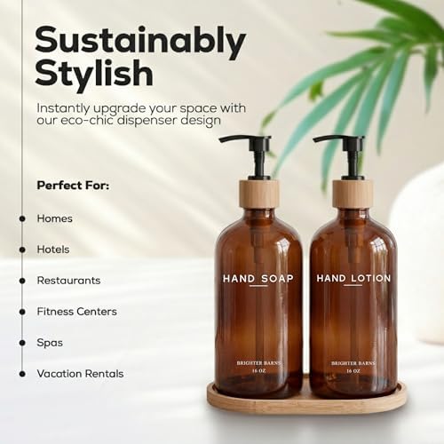 Amber Glass Soap and Lotion Dispenser Set with Tray by Brighter Barns - Hand Soap Dispenser Bathroom Set - Glass Bottles with Pump - Bamboo Home Accessories & Modern Bathroom Decor for Airbnb (Amber) - Image 2