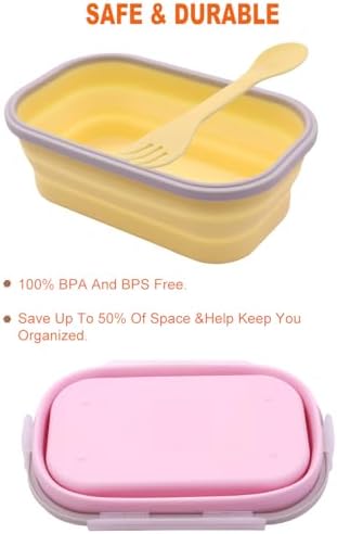 2 Pack Collapsible Silicone Bento Lunch Boxes With Lids Spoon Fork, 33.8oz, Meal Prep Food Storage Containers, Durable, Safe in Microwave, Dishwasher and Freezer, BPA Free (Yellow and Pink) - Image 4