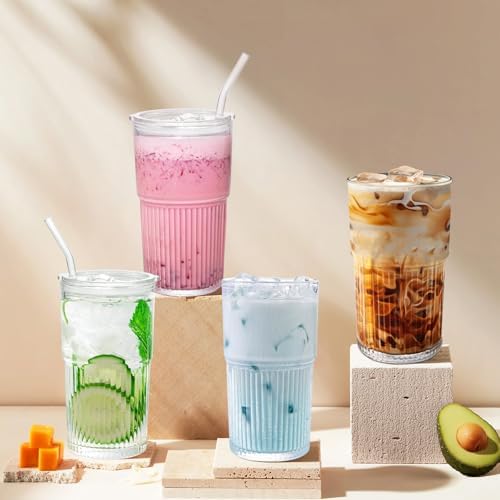 Luiaiog 18.5oz Glass Cups with Lids and Straws - Set of 4 Reusable Tumblers, Thickened Shatter-Resistant Glass, Ideal for Iced Coffee, Smoothies, Cocktails, Juices - Elegant & Durable Drinkware - Image 6