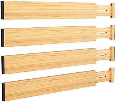 BAMEOS Bamboo Expandable Drawer Dividers – Fits 13.3"–19" Drawers, 2" High, Set of 4 | Spring-Loaded Bamboo Separator for Kitchen Island, Bathroom Vanity & Dresser Drawers by BAMEOS