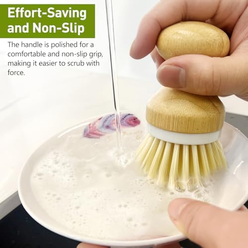 Kitchen Dish Brush, Natural Bamboo Dishwashing Scrubber for Cleaning Dishes, Pots, and Pans with Hanging Rope - Image 3