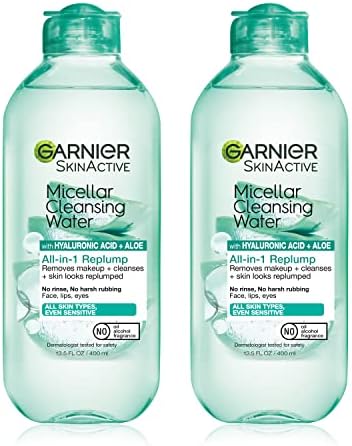Garnier Micellar Water with Hyaluronic Acid, Facial Cleanser & Makeup Remover, Hydrating and Plumping, For All Skin Types, Vegan, Cruelty Free, 13.5 Fl Oz (400mL), 2 Count by Unknown
