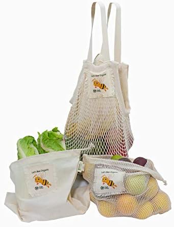 “Let’s Bee Organic” Simple Ecology Organic Cotton Reusable Honey Bee Gift & Starter Set (string produce saver bags, food storage, bulk bin, with tare weight tag and drawstring, waste free) by Simple+Ecology