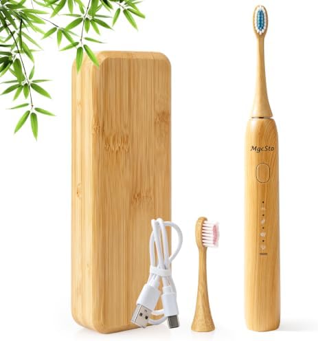 Sonic Electric Bamboo Toothbrush 2 Bamboo Heads with Castor Oil Bristles by MgcSto