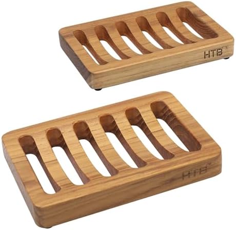 HTB 2 Pack Slotted Bar Soap Holder Teak Wood,Sponge Holder for Kitchen Sink by HTB