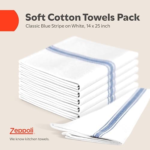 Zeppoli Classic Kitchen Towels - 45 Pack 100% Natural Cotton Towel Set, Reusable Wash Cloths, Absorbent Dish Towels, Machine Washable Hand Towels, Kitchen Essentials -14” by 25”, Blue Striped - Image 2