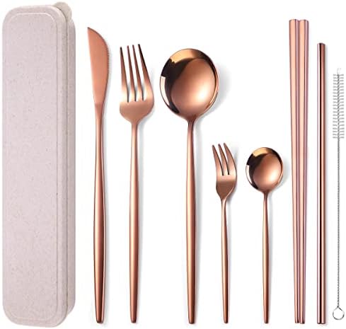 AARAINBOW 8 Pieces Stainless Steel Flatware Set Portable Reusable Cutlery Set Travel Utensils Set Including Chopsticks Knife Fork Spoon Straws Cleaning Brush Dishwasher Safe (Rose Golden) by AARAINBOW