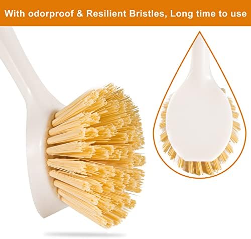 FunCee 2 Pack Kitchen Dish Brushes with Bamboo Handle, Dish Scrubber Built-in Scraper, Scrub Brush for Pans, Pots, Counter & Kitchen Sink Cleaning, Dishwashing and Cleaning Brush Tools, White - Image 6