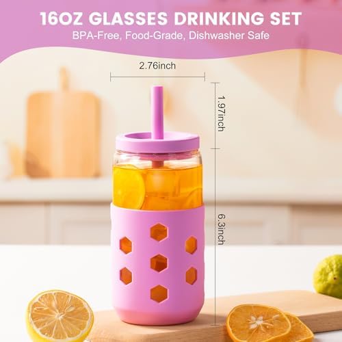 Mrsdry 16 oz Glass Cups with Lids and Straws for Gift, 4-Pack, Purple - Image 4