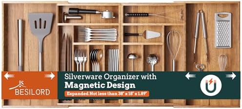 Silverware Organizer Large, Magnetic Connected Expandable 13 Slots Silverware Drawer Organizer From 21 to 37.4 Inches, Adjustable Flatware and Cutlery Holder, Bamboo Utensil Tray for Kitchen Acacia by Besilord