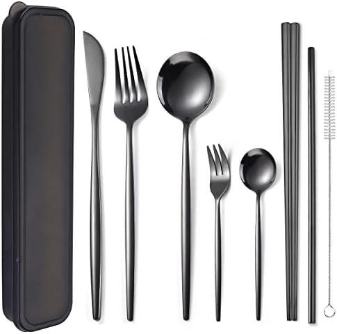 AARAINBOW 8 Pieces Stainless Steel Flatware Set Portable Reusable Cutlery Set Travel Utensils Set Including Chopsticks Knife Fork Spoon Straws Cleaning Brush Dishwasher Safe (Black) by AARAINBOW