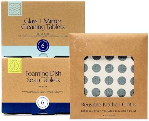 CLEANOMIC Glass and Mirror Tablets, Foaming Dish Soap & Reusable Kitchen Cloth Bundle by Cleanomic